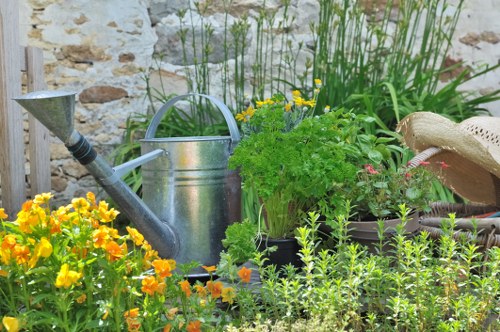 Modern Redbridge garden layout with planting and seating space